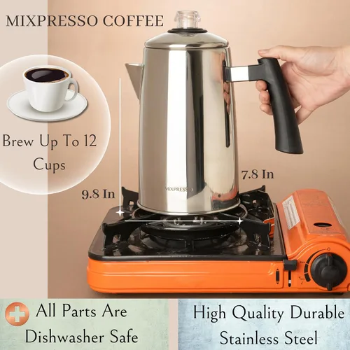 Vista 2 de Mixpresso - Estufa de café de acero inoxidable para 12 tazas 52 oz stainless steel percolator coffee pot for camping or home use, with cool-touch
