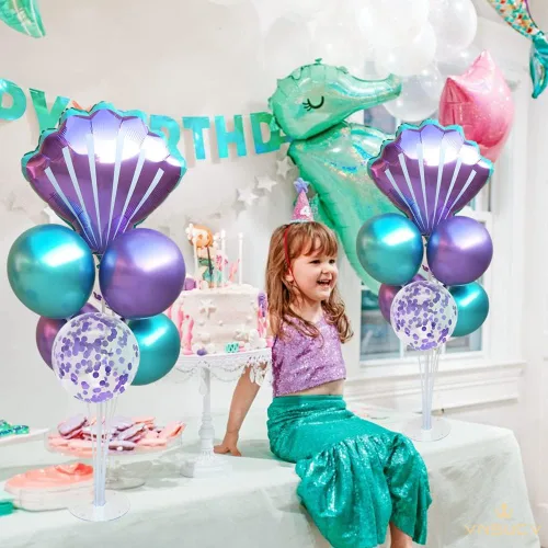 Vista 4 de Kit de soporte de globos de mesa de sirena, 2 juegos con 2 globos de aluminio de conchas marinas, 14 globos de látex azul púrpura para cumpleaños