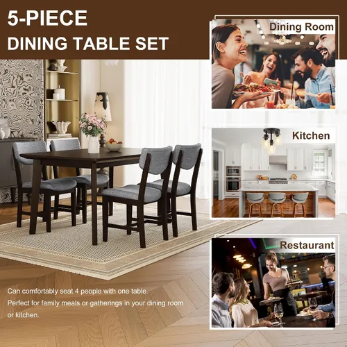 Vista 2 de Mesa de comedor de madera de 5 piezas y 4 sillas tapizadas, mesa rectangular con sillas, asiento y respaldo acolchados de lino para comedor, cocina