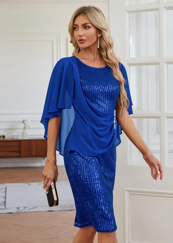 Vista 4 de Hanna Nikole Vestido de fiesta de lentejuelas para mujer, talla grande, de gasa, manga de capa, vestido midi de cóctel 2024