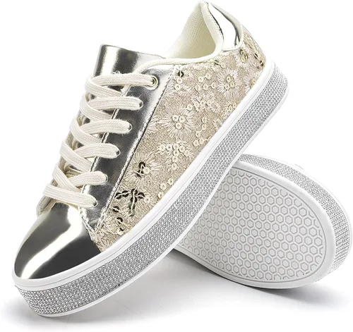 Vista 7 de UUBARIS Tenis con purpurina para mujer, diseño floral, elegante, con diamantes de imitación, para boda, novia, zapatos de lentejuelas brillantes