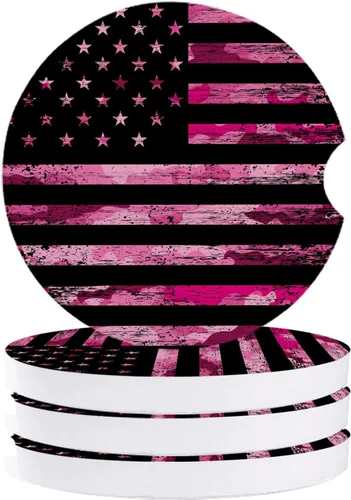 Vista 9 de Portavasos para automóvil para mujeres/hombres, paquete de 2 posavasos absorbentes de cerámica para bebidas, diseño de camuflaje con bandera