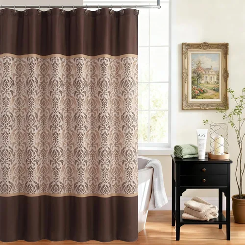 Vista 14 de Cortina de ducha de tela negra y beige, cortina de ducha con estampado de medallón vintage, cortina de baño decorativa impermeable, 72 pulgadas