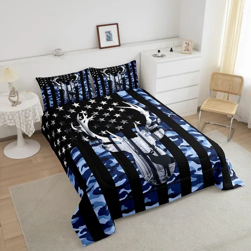 Vista 4 de Juego de edredón de tamaño matrimonial con bandera estadounidense de camuflaje para niños, cuernos de ciervo, banderas de camuflaje azul para Multi