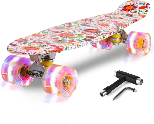 Vista 14 de Patinetas, Monopatín Completo de 56 cm, Mini Cruiser para Niños, Niñas, Adolescentes Principiantes con Ruedas de Luces Intermitentes Coloridas