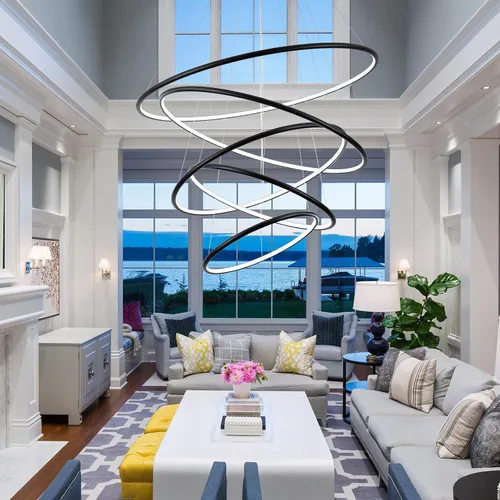 Vista 5 de MADEM Moderno candelabro LED de 5 anillas, lámpara colgante de techo contemporáneo para escaleras, vestíbulos de escaleras, sala de estar de techo