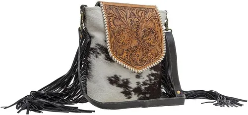 Vista 2 de Bolso de hombro de cuero occidental para mujer - Bolsa de lona reciclada a mano