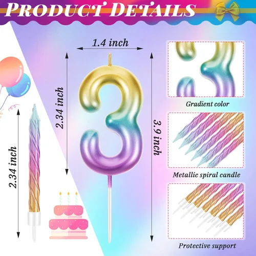 Vista 2 de Treela Vela de cumpleaños de 3 años para pastel con 12 piezas en espiral con números de arco iris, velas degradadas de tercer cumpleaños para niñas