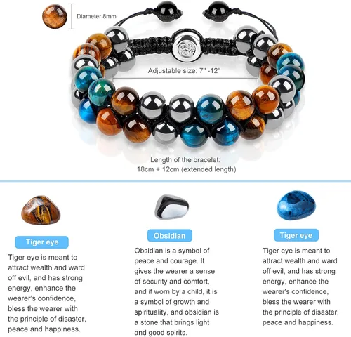 Vista 23 de Pulsera de triple protección, ojo de tigre malvado de ojo y obsidiana negra de 0.315 in, pulsera curativa para hombres y mujeres, pulsera curativa