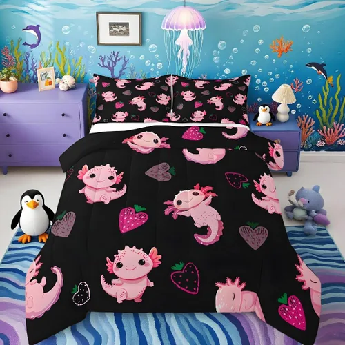 Vista 20 de Feelyou Lindo juego de ropa de cama de ajolote para niños y niñas tamaño twin, juego de edredón de salamandra para niños, mujeres y hombres, edredón