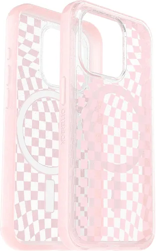 Vista 6 de OtterBox Funda transparente para iPhone 15 Pro (solamente) de la serie Symmetry - Checkmate (rosa), se ajusta a MagSafe, ultra suave, bordes
