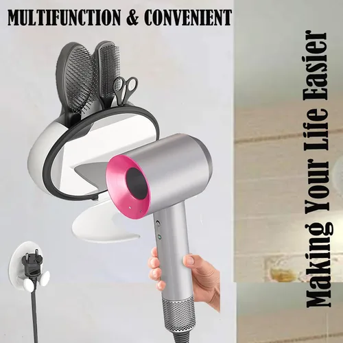 Vista 6 de Soporte plegable para secador de pelo, soporte de pared, secador de pelo con espejo, almacenamiento adhesivo para secador de pelo, organizador