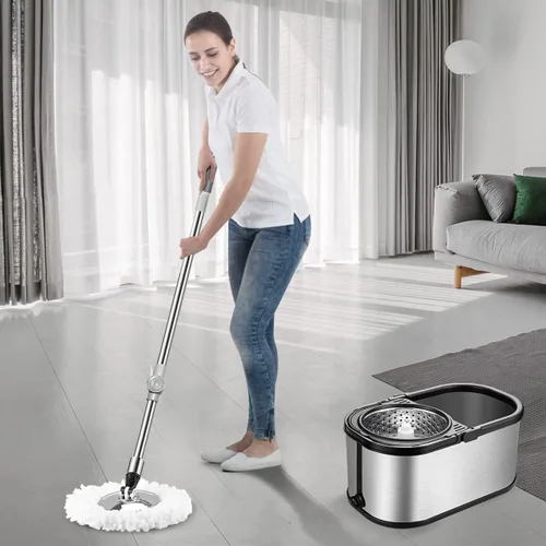 Vista 6 de Sistema de cubo de trapeador giratorio de acero inoxidable con 6 recambios de cabezal de repuesto de microfibra, trapeador de piso con 4 ruedas