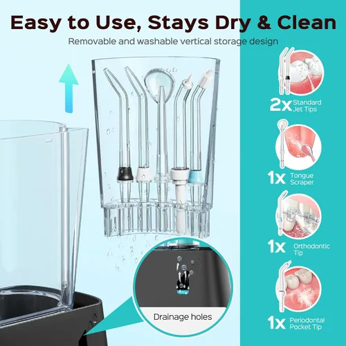Vista 5 de COSLUS Irrigador Dental Avanzado: 2 Modos y 12 Ajustes de Presión Eléctrico para Ortodoncia, Aparatos, Encías Sensibles - Uso Doméstico, 5 Puntas