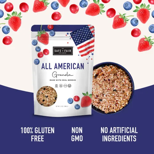 Vista 3 de Safe + Fair All American Granola – Snack sin gluten y vegano – Avena integral con fresas reales, arándanos y arándanos rojos – Sin OMG, kosher, sin