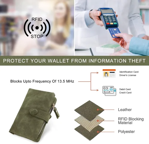 Vista 5 de Billeteras con bloqueo RFID para mujer, de gran capacidad, de cuero suave, cartera pequeña con correa para la muñeca, Verde oliva, Casual