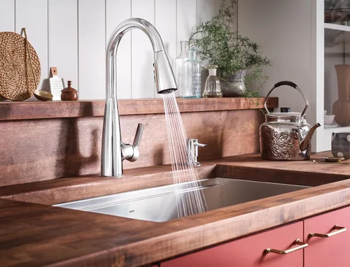 Vista 10 de Moen Haelyn - Grifo de cocina monocontrol con rociador extraíble cromado con potencia para una limpieza más rápida, dispensador de jabón incluido
