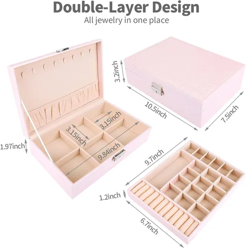 Vista 7 de Cajas de joyería para mujer caja organizadora grande de piel sintética caja de almacenamiento de joyas de 2 capas con cerradura caja de joyería rosa