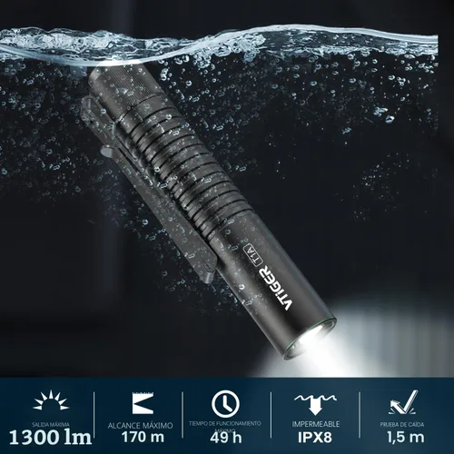Vista 2 de VTIGER T1A Mini Linterna EDC de Bolsillo con Clip, 1300 Lúmenes Linterna Compacta AA Recargable LED Pequeña, Interruptor de Cola Súper Brillante