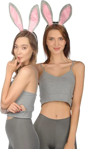Vista 3 de Funcredible Diadema de orejas de conejo gris de Pascua, orejas de conejo flexibles para adultos, accesorios de conejo de terciopelo suave
