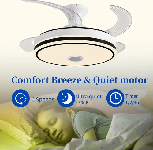 Vista 3 de Ventilador de techo retráctil de 42 pulgadas con luces, ventilador de techo inteligente con altavoz Bluetooth, control de aplicación, cambio
