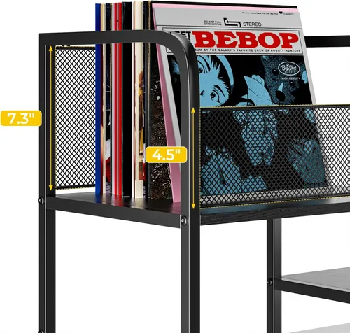 Vista 12 de Soporte para tocadiscos con luz LED, soporte para tocadiscos con almacenamiento de vinilo para más de 300 álbumes, gabinete multimedia de 3 niveles