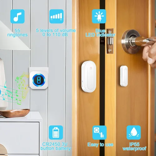 Vista 8 de SURFOU Timbre inalámbrico con sensor de puerta, alerta de apertura de puerta impermeable con rango de 1000 pies, 55 tonos de llamada, alarma de 110