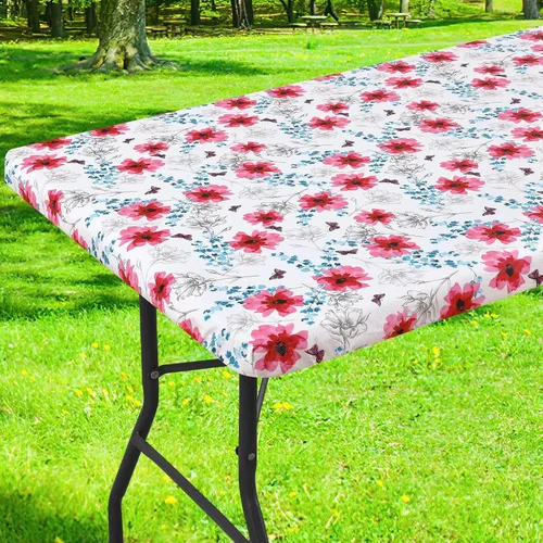 Vista 39 de Smiry Mantel cuadrado para mesa de pícnic, impermeable, elástico, ajustable, para campamento, protector de vinilo con parte trasera de franela Beige
