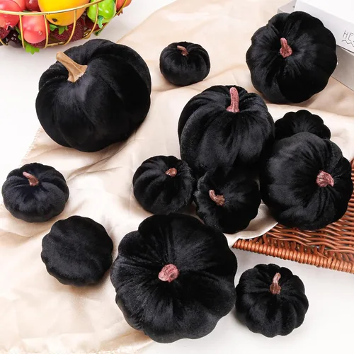 Vista 5 de Juego de 12 calabazas artificiales de terciopelo para Halloween, tela de cocina sintética de cosecha de otoño, espuma de granja, porche, mesa