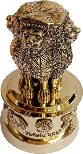 Vista 8 de PARIJAT HANDICRAFT Columna de estambh de latón Ashoka emblema de bandera nacional de cuatro leones satyamev jayete adornado escritorio papel