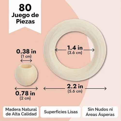 Vista 6 de Juego de cuentas y anillos de madera para manualidades de bricolaje, 80 piezas