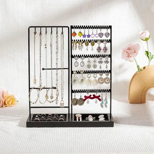 Vista 3 de Vtopmart Soporte organizador de joyas para aretes, collares, anillos, pulseras, exhibición y almacenamiento, con 90 agujeros, 12 ganchos, bandeja