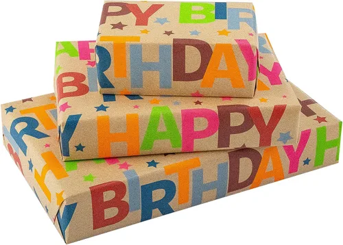 Vista 9 de MAYPLUSS Rollo de papel de regalo de feliz cumpleaños de los SS, envoltura de regalo de Kraft vintage Papel de regalo de 17 pulgadas x 33 pies