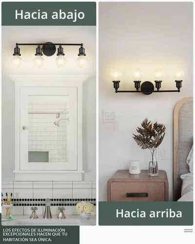 Vista 2 de Lámpara de tocador de 4 luces, aplique industrial de pared negra, lámpara de pared de baño de granja, lámpara de pared con base E26 vintage