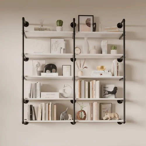 Vista 17 de Estante industrial de tubo de hierro de 5 niveles, estantería de tubo de 48 pulgadas con tablón de madera maciza, estantes abiertos para libros
