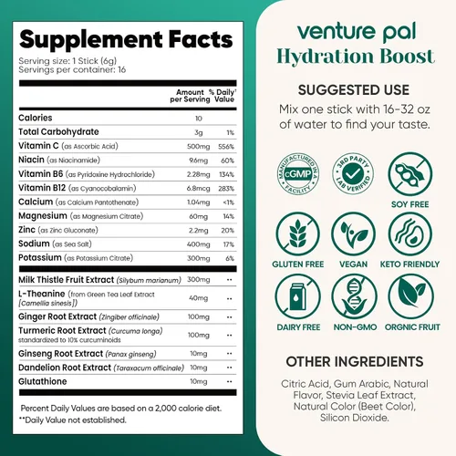 Vista 9 de Paquetes de hidratación Venture Pal + apoyo al hígado - Polvo de electrolitos líquidos diarios IV con 7 electrolitos y 5 vitaminas, cardo mariano +