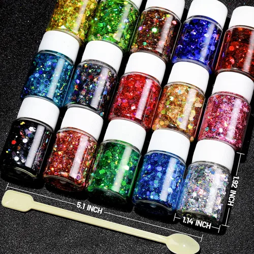 Vista 4 de LEOBRO Purpurina holográfica gruesa – 15 colores para manualidades de resina, uñas, cuerpo y joyería – con 10 cucharas mezcladoras