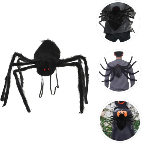 Vista 4 de Mochila de Halloween para niños y niñas, bolsa decorativa de araña, juguete gigante de felpa, color negro, 1 unidad, Negro -, Centímetro