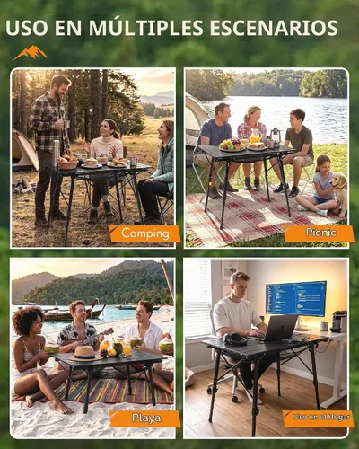 Vista 7 de PORTAL Mesa de camping plegable portátil con patas ajustables, mesa plegable de aluminio mesa enrollable con bolsa de transporte para exteriores
