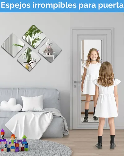 Vista 3 de Azulejos de espejo irrompibles autoadhesivos, 4 piezas de 8 x 8 pulgadas para decoración de aula, espejos pequeños para decoración de pared