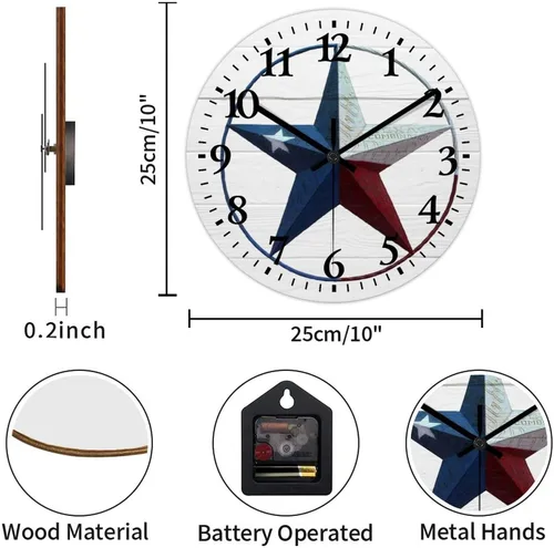 Vista 2 de Reloj de pared vintage con estrella del oeste de Texas con reloj de madera rústica sin tictac, silencioso con pilas, con números grandes, reloj