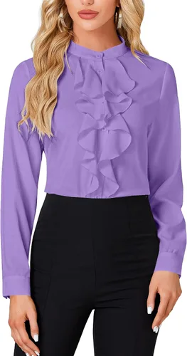 Vista 18 de LYANER - Blusa de cuello alto con botones, volantes en el frente, manga larga, camisa de trabajo para mujer