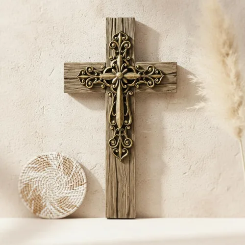 Vista 7 de Comfy Hour - Decoración de pared cruzada de 13 pulgadas, cruz de pared en capas, tono cobre Wall crosses for home decor, large decorative cross