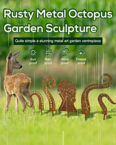 Vista 3 de Escultura de jardín de pulpo, silueta de pulpo, escultura artística de metal para jardín, figura de calamar para jardín, decoración de estatua