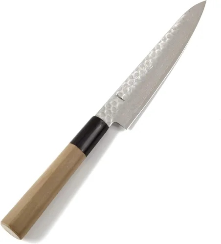 Vista 23 de Cuchillo japonés martillado Damasco VG-10 46 capas de mango de madera de magnolia octogonal, 6 pulgadas (5.906 in)