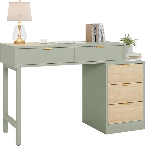Vista 8 de Tribesigns Escritorio para computadora con 5 cajones, escritorio pequeño reversible con almacenamiento, mesa de estudio de madera moderna, estación