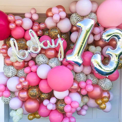 Vista 3 de Decoraciones de cumpleaños con estampado de guepardo rosa, 133 piezas de globos dorados con estampado de leopardo rosa intenso, kit de arco