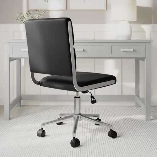 Vista 7 de Martha Stewart Lulu - Silla giratoria con asiento ajustable en altura para oficina en casa en piel sintética negra con marco de níquel pulido