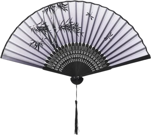 Vista 6 de QIRMIZI 5 ventiladores de mano – Elegantes ventiladores plegables de seda con marcos de bambú, ventilador plegable de flecos huecos, ventilador
