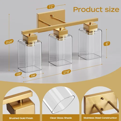 Vista 3 de PARTPHONER Lámparas de baño de 3 luces, luces de tocador modernas de oro cepillado, accesorios de iluminación de baño sobre el espejo, apliques